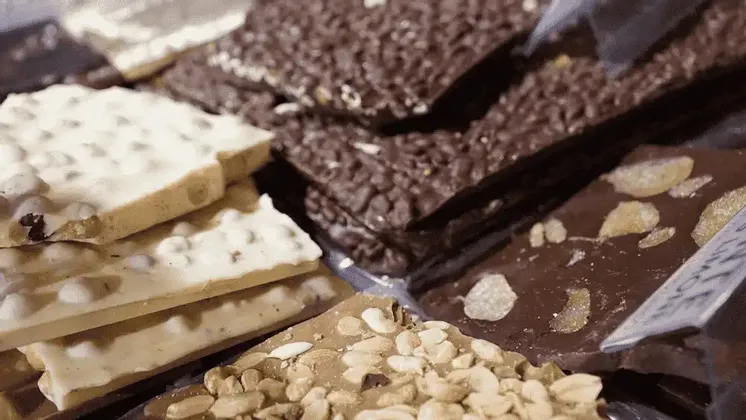 Un assortimento in primo piano di scaglie di cioccolato artigianali, tra cui fondente, bianco e al latte, con varie guarnizioni di frutta secca e frutta.