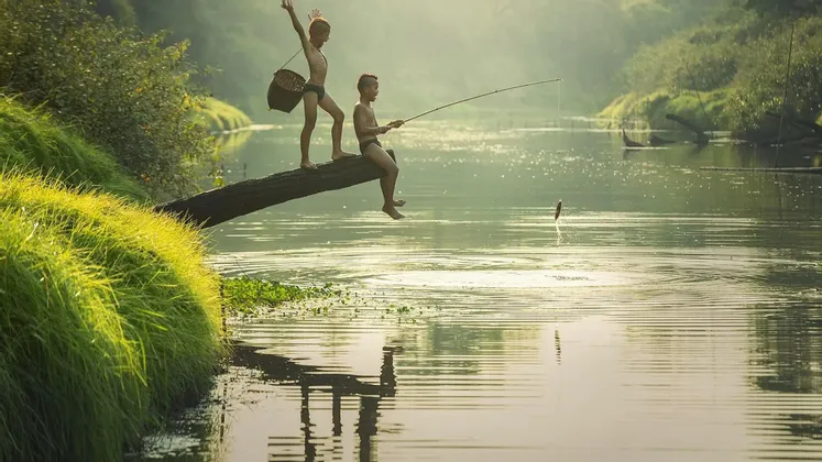 Deux garçons sur une bûche enjambant une rivière : l'un pêche à la canne et attrape un poisson bondissant, tandis que l'autre célèbre derrière lui avec un panier.