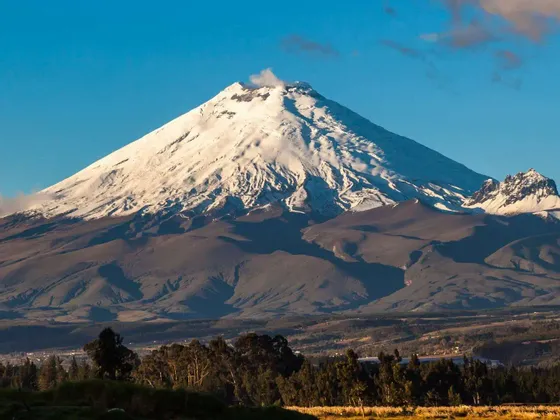 Un grande vulcano innevato emette un pennacchio di fumo dalla sua cima, dominando un paesaggio di colline e alberi sotto un cielo azzurro e limpido.