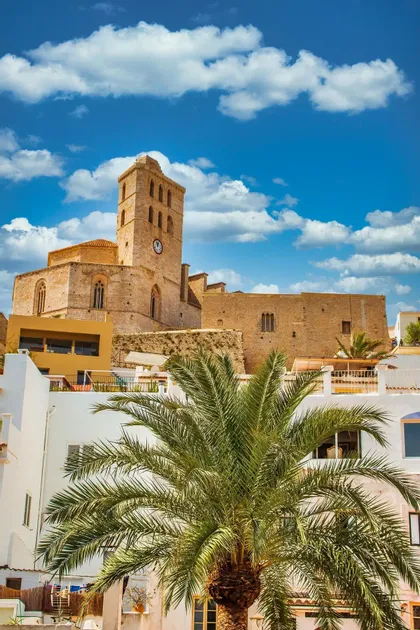 Una catedral de piedra con torre del reloj en una colina, vista sobre edificios blancos y una palmera bajo un cielo azul nublado.