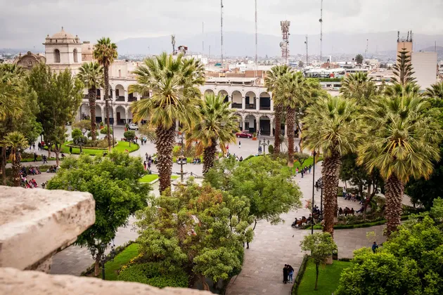 Vista elevada de una bulliciosa plaza de ciudad con palmeras, zonas verdes y gente paseando entre edificios históricos bajo un cielo nublado.