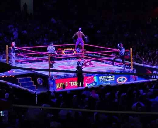 Lottatori mascherati si affrontano su un ring con corde al neon rosa in un'arena piena di spettatori.