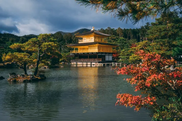 Ein traditioneller goldener Tempel steht an einem See, dessen Spiegelung auf dem Wasser sichtbar ist, umgeben von Bäumen mit Herbstlaub.