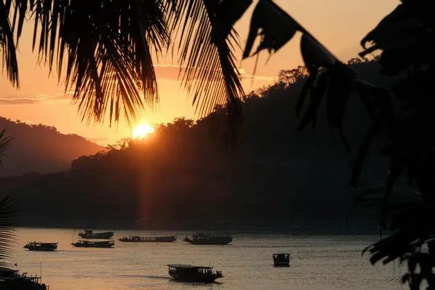 Barche navigano su un fiume durante un tramonto dorato, con il sole che scende dietro colline boscose e fronde di palma in silhouette in primo piano.