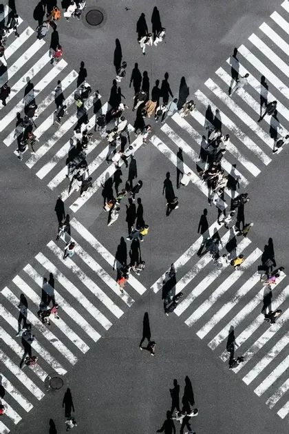 An aerial top-down view of pedestrians casting long shadows as they walk across white-striped crosswalks on a street.