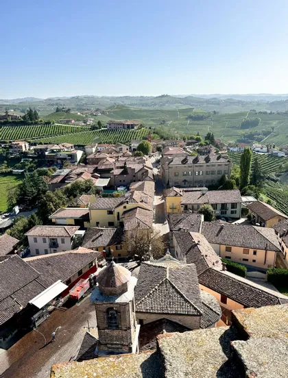 Una vista dall'alto di un borgo con tetti in tegole immerso tra dolci colline verdi ricoperte di vigneti.