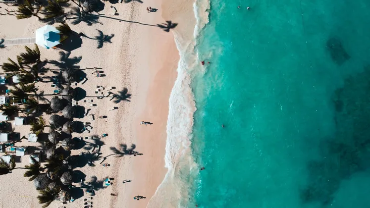 Una vista aerea dall'alto di una spiaggia sabbiosa accanto a un oceano turchese, con persone che nuotano e si rilassano sotto le palme.