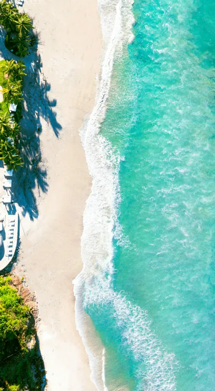 Una vista aerea dall'alto di acqua turchese e onde bianche che incontrano una spiaggia sabbiosa fiancheggiata da palme.
