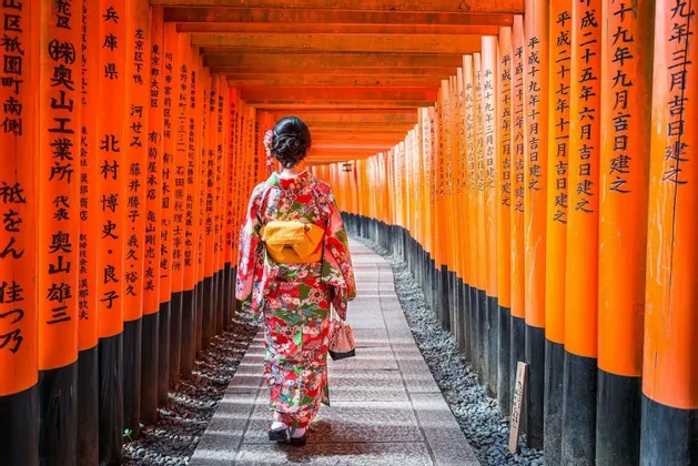 Una persona vista de espaldas con un kimono floral camina por un túnel de puertas torii naranjas en un sendero de piedra.