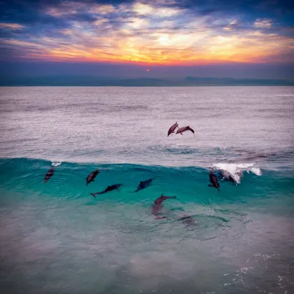 Un gruppo di delfini nuota in acque turchesi, con due che saltano fuori dall'acqua contro un cielo colorato al tramonto.