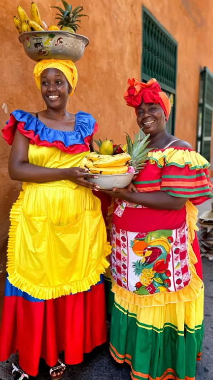 Zwei Frauen in farbenfrohen Trachten lächeln und balancieren Schalen mit Bananen und Ananas.