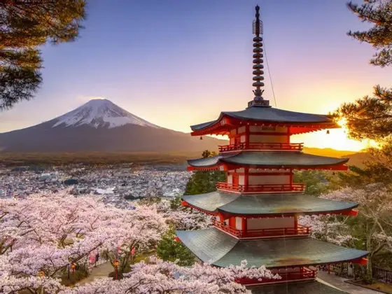 Una pagoda rossa si erge tra alberi di ciliegio in fiore, affacciandosi su una città con una montagna innevata sullo sfondo all'alba.