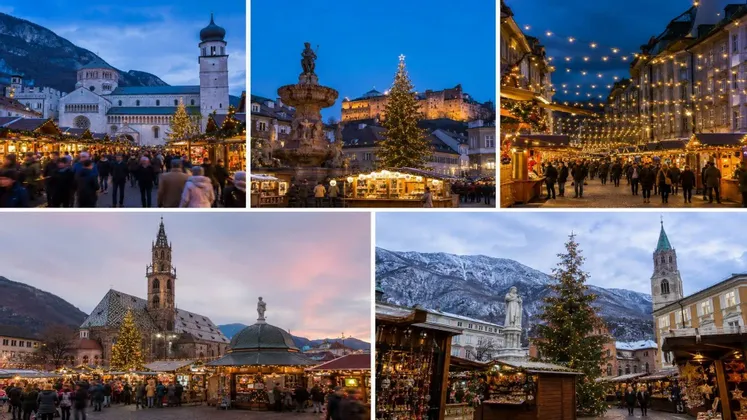Un collage di cinque foto che mostrano vari mercatini di Natale europei di notte, con luci festive, bancarelle e architettura storica.