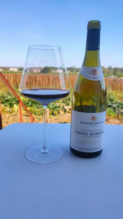 Un bicchiere di vino rosso e una bottiglia di Vosne-Romanée sono su un tavolo all'aperto davanti a un vigneto.