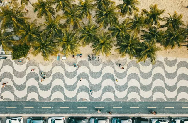 Vista aerea dall'alto di una spiaggia con palme, un marciapiede a mosaico ondulato, una strada e auto parcheggiate.