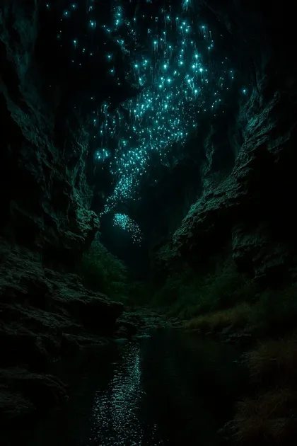 Lucioli bioluminescenti illuminano il soffitto di una grotta buia, la loro luce si riflette sull'acqua sottostante.