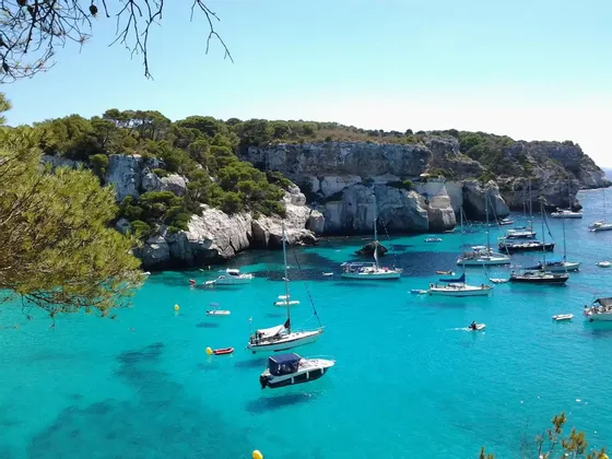 Una vista dall'alto di barche che galleggiano in una cala con acqua turchese, circondata da scogliere rocciose coperte di alberi verdi.