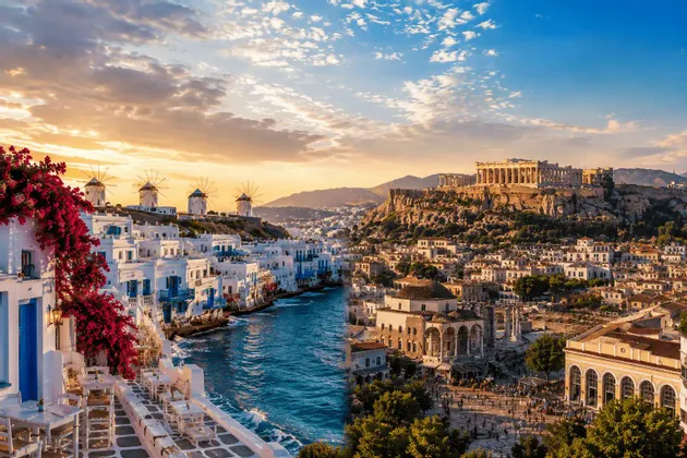 Un'immagine composita che ritrae un'isola greca con edifici bianchi e mulini a vento, affiancata da una veduta cittadina dell'Acropoli di Atene.