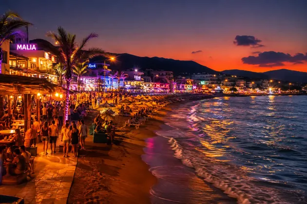 Una spiaggia affollata e un lungomare sono illuminati da luci al neon di bar ed edifici sotto un cielo serale colorato.