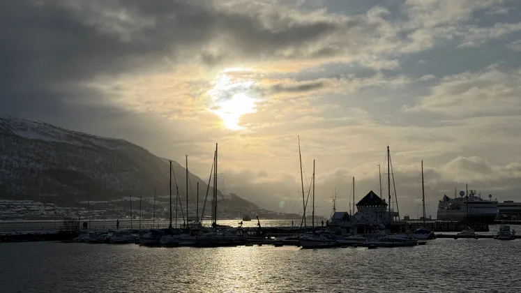 Sailboats docked in a snowy harbor at sunset, with light reflecting on the water and a mountain in the background.