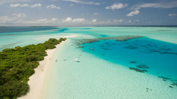 Una vista aerea di un banco di sabbia tropicale con vegetazione lussureggiante, circondato da acqua turchese dove le persone nuotano e le barche sono ancorate.