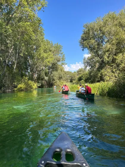 Un viaje en grupo de WeRoad navegando en canoa por un río verde y cristalino rodeado de frondosos árboles en un día soleado.