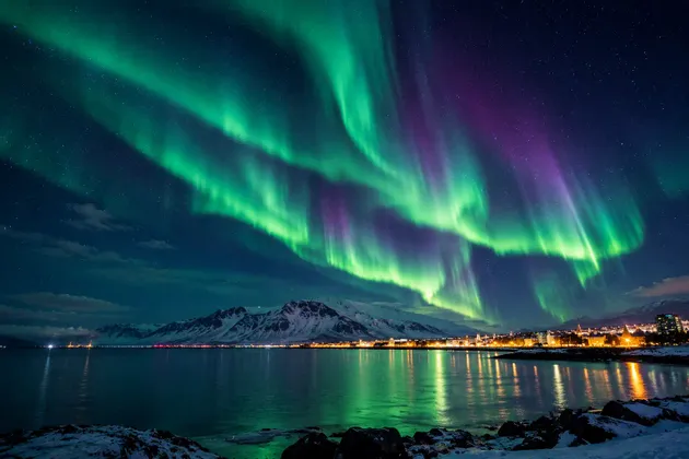 Aurora boreale verde e viola illumina il cielo stellato sopra una città costiera e montagne innevate, con riflessi nell'acqua.