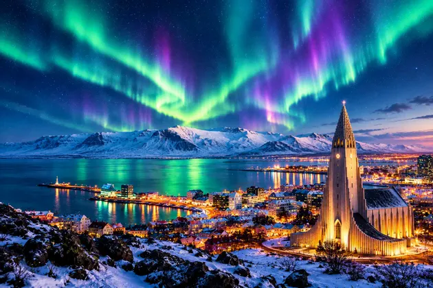 Aurora boreale verde e viola su una città costiera innevata di notte, con una chiesa illuminata e montagne distanti.