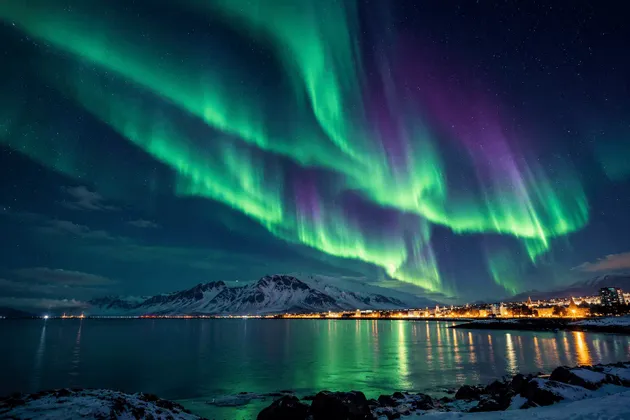 L'aurora boreale verde e viola illumina il cielo notturno stellato sopra una città costiera illuminata e montagne innevate.