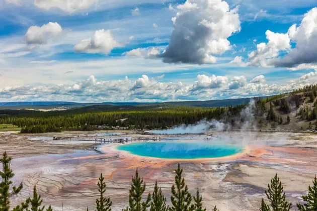 Una grande e colorata sorgente termale geotermica, fumante sotto un cielo nuvoloso, con persone che passeggiano su una passerella intorno al bordo, circondata da una pineta.
