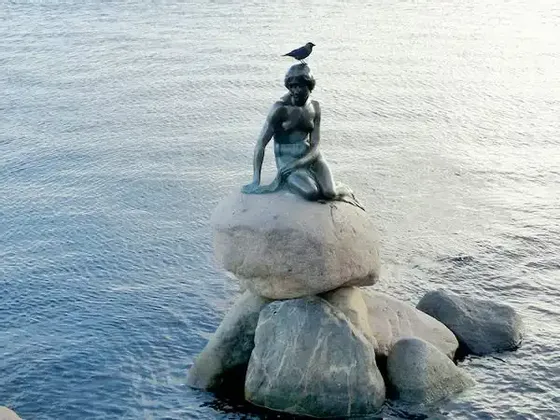 Un petit oiseau noir se perche sur la tête d'une statue de sirène en bronze assise sur un rocher dans l'eau.