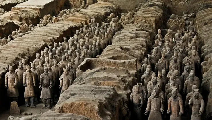 Panoramica dall'alto di centinaia di statue di soldati di terracotta disposte in formazione all'interno di fosse di scavo.
