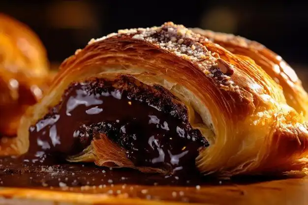 Primer plano de un cruasán hojaldrado cortado por la mitad, con relleno de chocolate negro derretido desbordándose y espolvoreado con azúcar.
